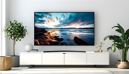 Wall Mural - Dynamic TV Program Set Against Fresh White Background with Large Display Monitor