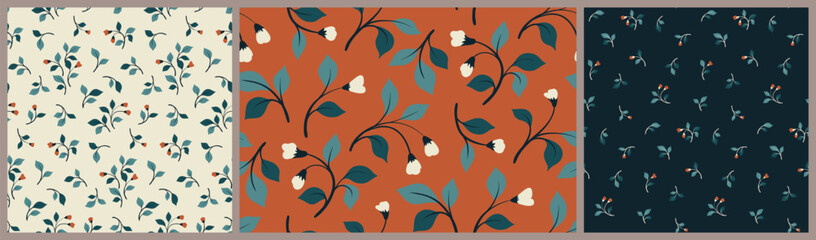 Wall Mural - Seamless floral pattern, liberty ditsy print, abstract natural ornament of mini wild plants in autumn colors. Cute botanical design: small hand drawn flowers branches, tiny leaves, twigs fall. Vector.