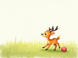 A cute baby deer playing ball in a field of green grass, hand drawn cartoon illustration