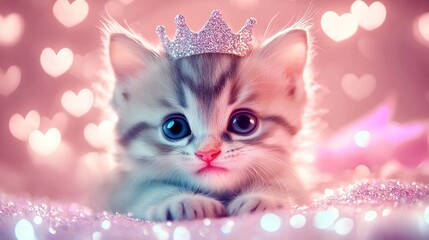 Wall Mural - An adorable kitten with a playful smile, wearing a small crown and surrounded by sparkles and hearts in a delightful kawaii style. This charming illustration captures the essence of cuteness and joy, 