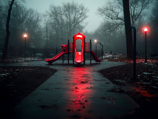 An empty playground at dusk, loss of innocence, childhood memories tinged with sadness