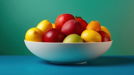 Wall Mural - A bowl of fruit in a blue and green background, AI