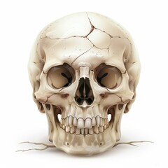 Skull with detailed cracks, hollow eye sockets, and sharp teeth, realistic bone texture, isolated on a white background. 