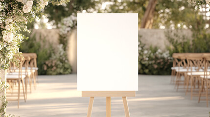 A blank wedding welcome sign mockup set on a 36 x 24 inch easel, surrounded by a neutral color palette of beige, cream, white, and grey. The outdoor scene is softly lit, with the wedding ceremony