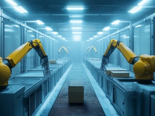 Wall Mural - A fully automated assembly line operates in a frozen food processing facility, where robotic arms efficiently package products into boxes. The cold environment highlights the machinery's productivity