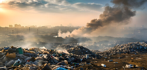 Sticker - Fumes and toxic gases waft from a sprawling landfill site, shrouded in haze, as waste disposal activities perpetuate environmental harm and air pollution misery.