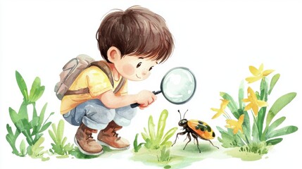 A curious child examines a ladybug with a magnifying glass among vibrant flowers and greenery, exploring nature with wonder.