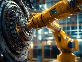 Wall Mural - A robotic arm meticulously installs metal components into a jet engine, showcasing advanced engineering in a modern industrial environment