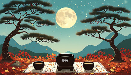 Sticker - Graphic design featuring a rich traditional Korean Mid-Autumn festival atmosphere with a focus on moonlight, pine trees, and a cup. Event poster style.