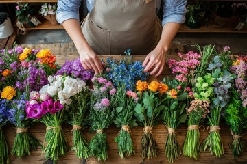 Wall Mural - A woman is arranging flowers on a table