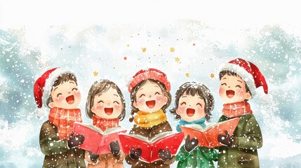 Joyful children singing carols in the snow, celebrating the festive season with bright smiles and holiday spirit.