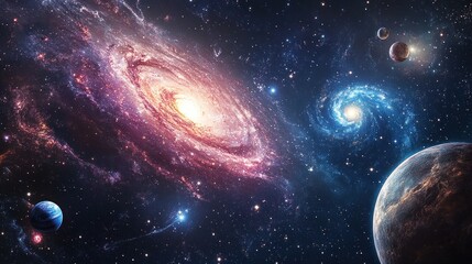 A Cosmic Landscape with Two Spiral Galaxies, Planets, and Stars