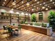 © Four888 - Warmly lit interior of modern cannabis dispensary, empty counter with various products on display, spotlight on manager's empty chair, awaiting a friendly face.
