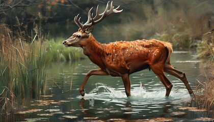 Wall Mural - Red deer hind gracefully crossing a tranquil pond