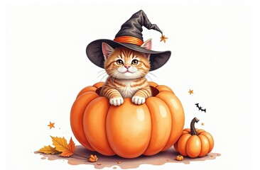 Wall Mural - halloween background with cat coming out of a pumpkin. Cartoon cute cat in a witch hat for Halloween, watercolor illustration on white background. idea for greeting card or kid t-shirt