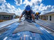 © Phoenix AI Photo - Construction workers installing shingles on the roof of a suburban house under a clear blue sky.