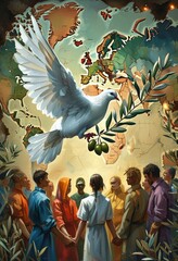 Naklejka na meble Dove of peace flying over a diverse group of people holding hands, symbolizing unity and harmony on International Day of Peace