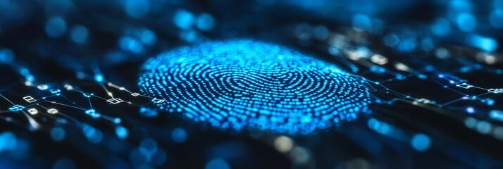 Futuristic Blue Fingerprint, Digital Security and Biometric Recognition with Technology Background