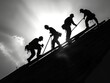 © Phoenix AI Photo - Silhouette of four construction workers on a roof at sunrise, showcasing teamwork and hard work in the building industry.