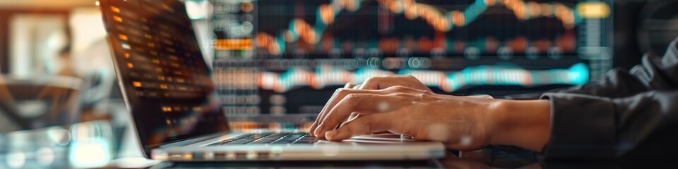 Wall Mural - Hands typing on laptop with financial charts in background