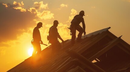 Silhouetted construction workers on a roof at sunset, emphasizing teamwork and craftsmanship in a dramatic golden-hour setting.