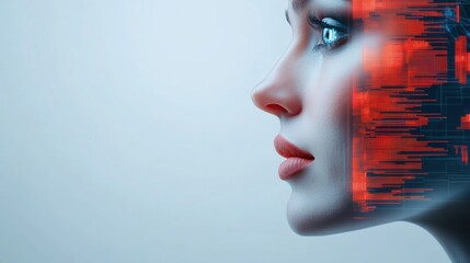 Poster - A woman's face with a red and blue pattern on it, AI