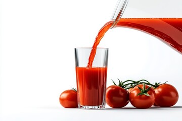 Wall Mural - Pouring Fresh Tomato Juice into a Glass with Ripe Tomatoes on Vine, Isolated on White