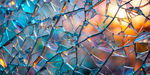 Canvas Print - shattered sunset: a mesmerizing abstract of broken glass refracting the warm hues of a setting sun.