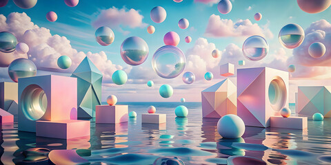 Sticker - Dreamy Geometric Paradise: A surreal landscape of pastel-hued geometric shapes and floating orbs against a backdrop of dreamy clouds and a glistening sea. This vibrant and abstract scene evokes a sens