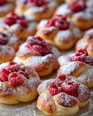 Sticker - Sweet pastries topped with raspberries and powdered sugar. AI.