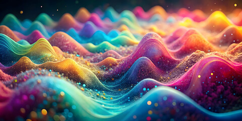 Wall Mural - Abstract Rainbow Waves:  A vibrant symphony of color and texture, shimmering waves of rainbow hues ripple across a glittering landscape.  The mesmerizing interplay of light and shadow creates a captiv