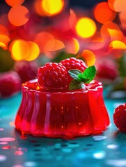 Canvas Print - A red gelatin dessert topped with raspberries. AI.