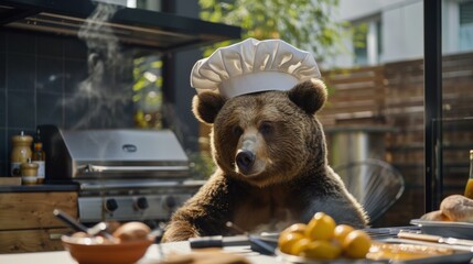 Canvas Print - A bear wearing a chef's hat sits at a table outside. AI.