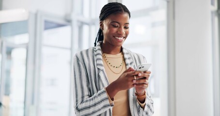 Poster - Business, typing and black woman with cellphone, smile and internet with connection in office. African person, employee and consultant with smartphone, message and online reading with text to contact
