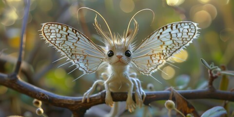 Sticker - A small creature with butterfly wings perched on a branch. AI.