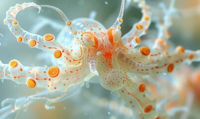 Sticker - A close-up of a translucent octopus with orange and white markings. AI.