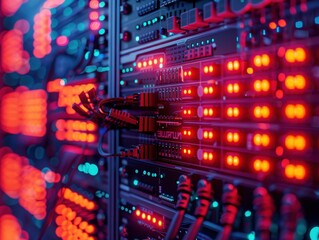 Colorful server room with glowing lights on networking hardware, showcasing technology and data management infrastructure.