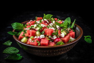 Wall Mural - A bowl of watermelon and blueberries with mint leaves. The bowl is on a table with other bowls and a spoon