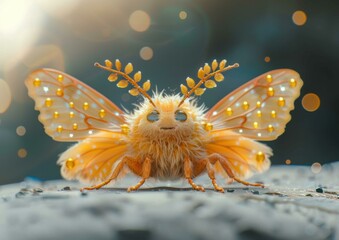 Poster - A fluffy, golden butterfly with sparkling wings. AI.