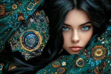 Canvas Print - Close up of woman with cybernetic circuit patterns blending into her face representing technological enhancement artificial intelligence and futuristic human beauty