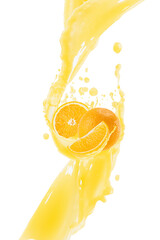 Wall Mural - Flow of orange juice flowing with orange pieces, flying drops, splashes of juice on white background, isolated. Healthy yellow beverage for advertising, label product, branding, flyer, design, card.