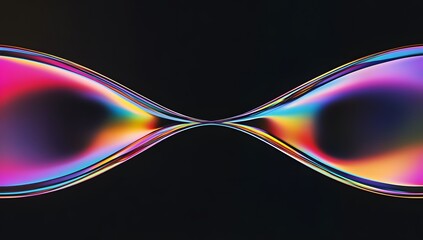 Abstract fluid shapes in vibrant rainbow colors, forming two intertwined rings on a black background. 