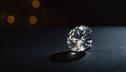 A clear diamond sits on a smooth, dark surface, showcasing its dazzling facets and brilliance. Soft light highlights its unique shape, creating a mesmerizing display