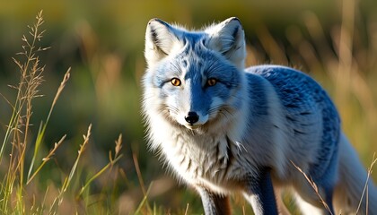 Striking close-up of a blue morph Arctic fox poised gracefully on a lush green grass backdrop