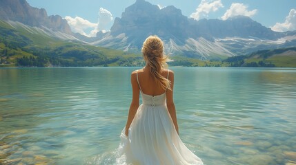 Wall Mural - A woman in a white dress stands at the edge of a mountain lake.