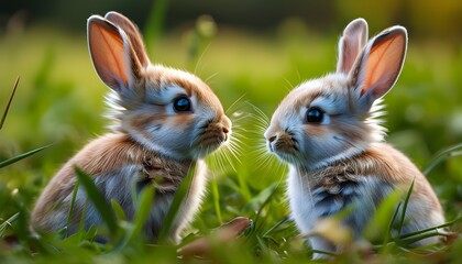 Adorable little rabbits nestled together in a vibrant meadow