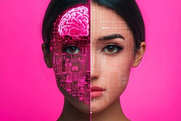 Sticker - Woman’s face split between organic and digital brain symbolizing the merger of biological cognition and artificial intelligence in neural enhancement technology