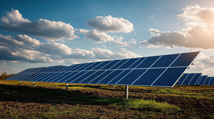 Wall Mural - Solar panels on barren landscape symbolize potential of renewable energy. This image captures beauty of technology harnessing sunlight for sustainable future