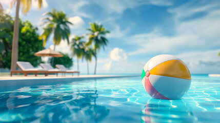 Colorful beach ball floating in a luxurious tropical swimming pool on a sunny day