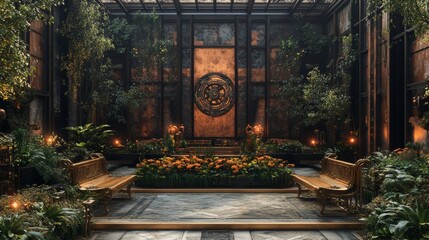 Steampunk-themed courtyard, a mechanical flower bed with moving gears, brass benches, surrounded by industrial metal structures, warm copper glow, intricate details, Steampunk, 3D render